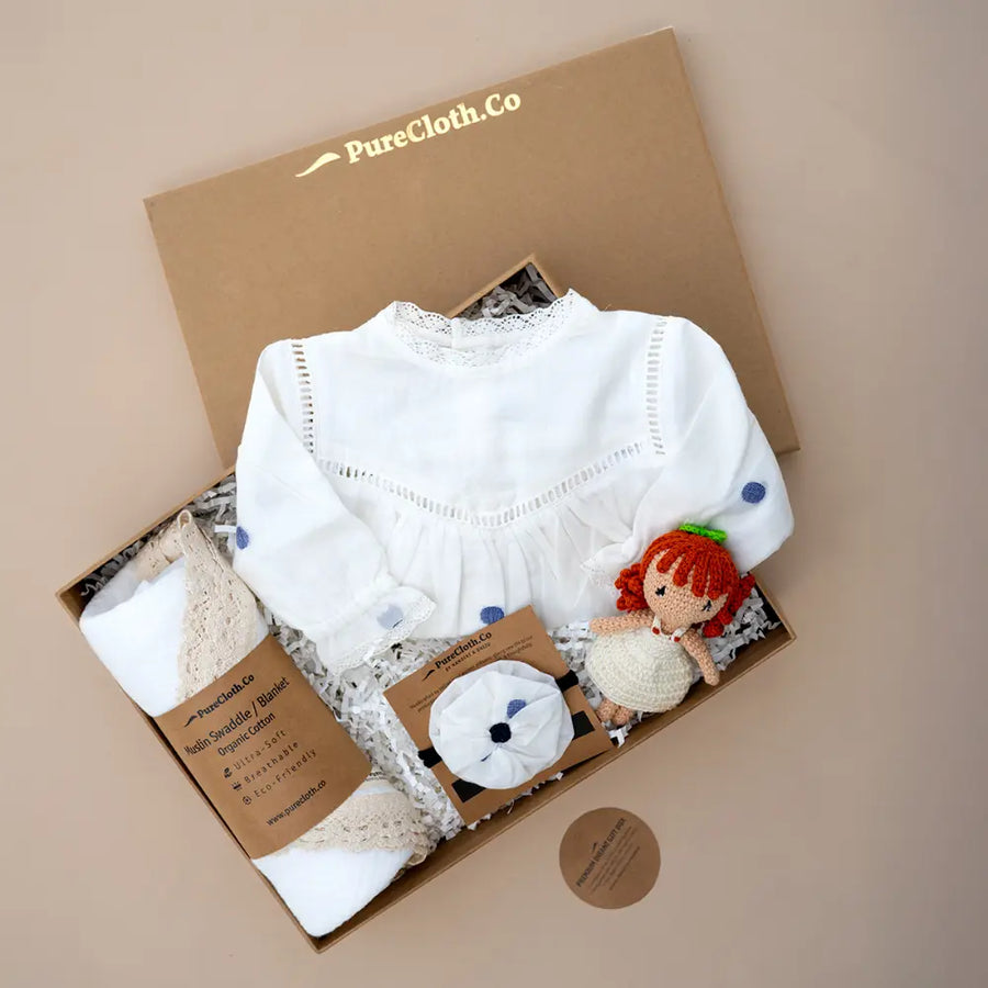 PureCloth.Co Polka Dot Baby Girl Hamper | Romper & Swaddle - Off-White