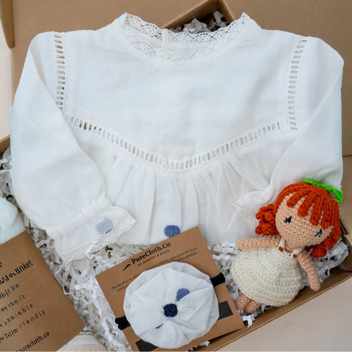 PureCloth.Co Polka Dot Baby Girl Hamper | Romper &amp; Swaddle - Off-White