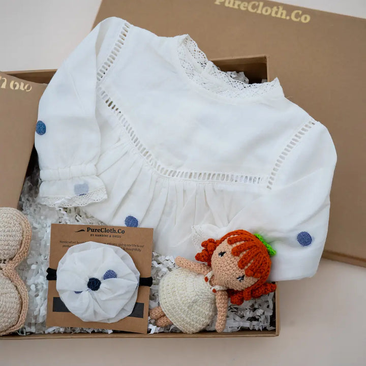 PureCloth.Co Polka Dot Baby Girl Hamper | Romper &amp; Swaddle - Off-White