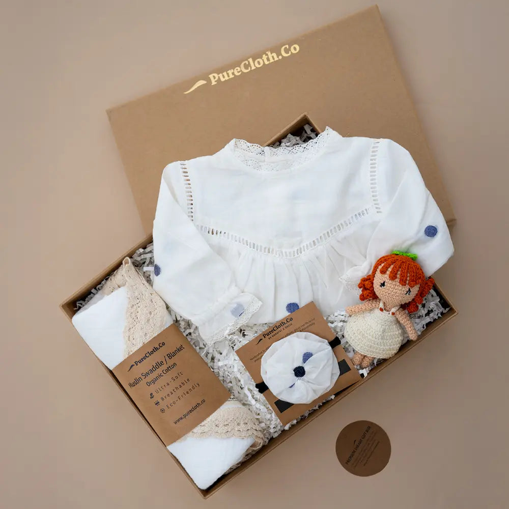 PureCloth.Co Polka Dot Baby Girl Hamper | Romper &amp; Swaddle - Off-White