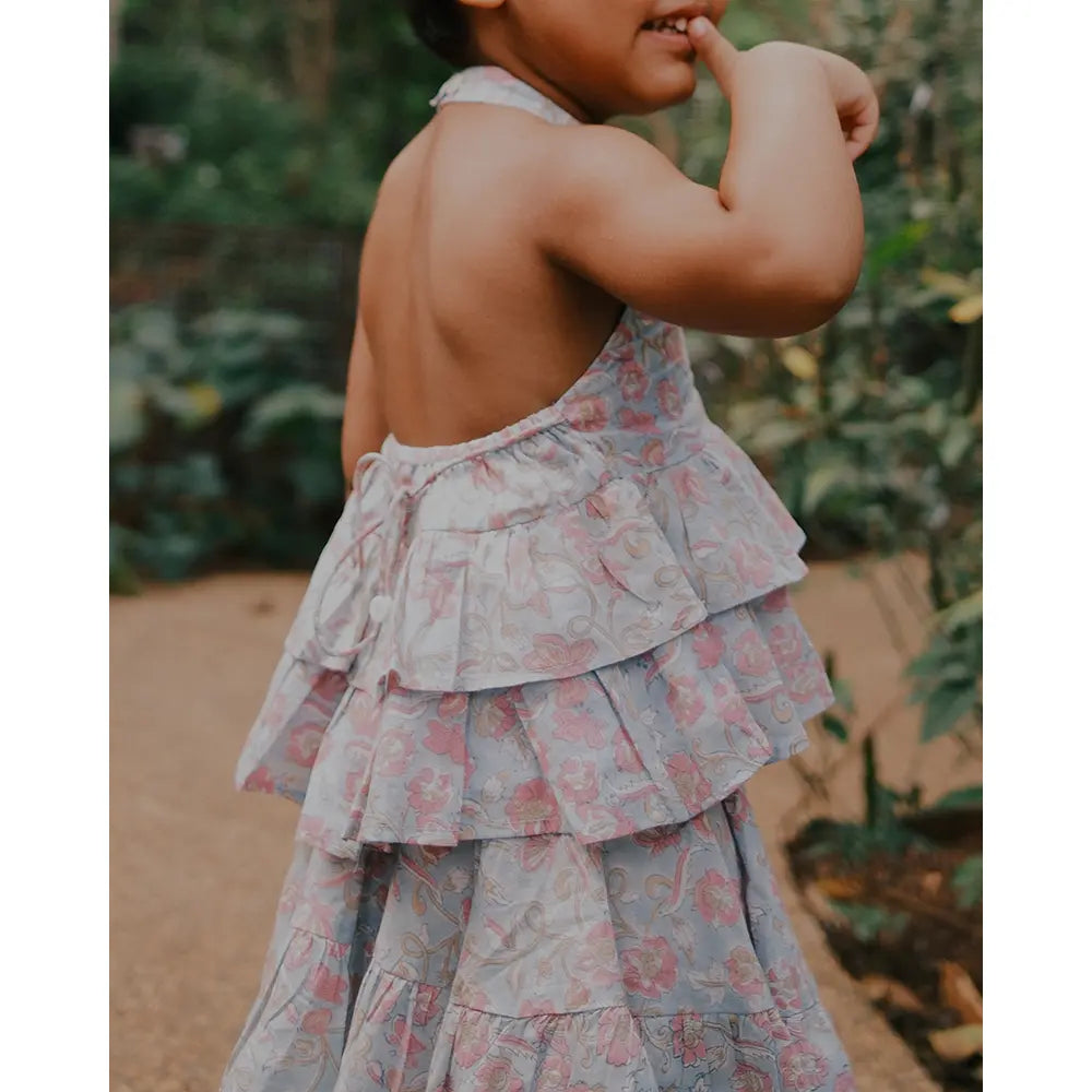 Love The World Today Flutter Sky Blue Butterfly Halter Top Skirt Co-Ord For Girls