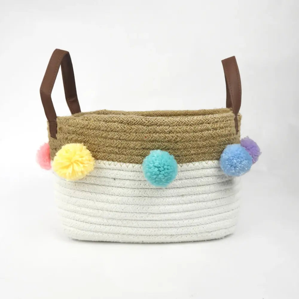 GWD Kids Small Jute Basket  Rainbow Pom Poms
