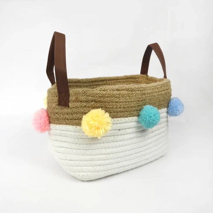 GWD Kids Small Jute Basket  Rainbow Pom Poms