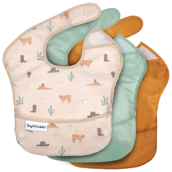 Tiny Twinkle Mess-Proof Easy Bib Pack of 3 - Cowboy, Cinnamon &amp; Sage - (6-36 Months)
