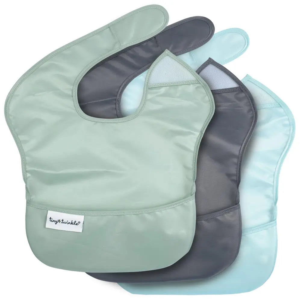 Tiny Twinkle Mess-Proof Easy Bib Pack of 3 - Recycled Sage, Charcoal &amp; Sky Blue - (6-36 Months)