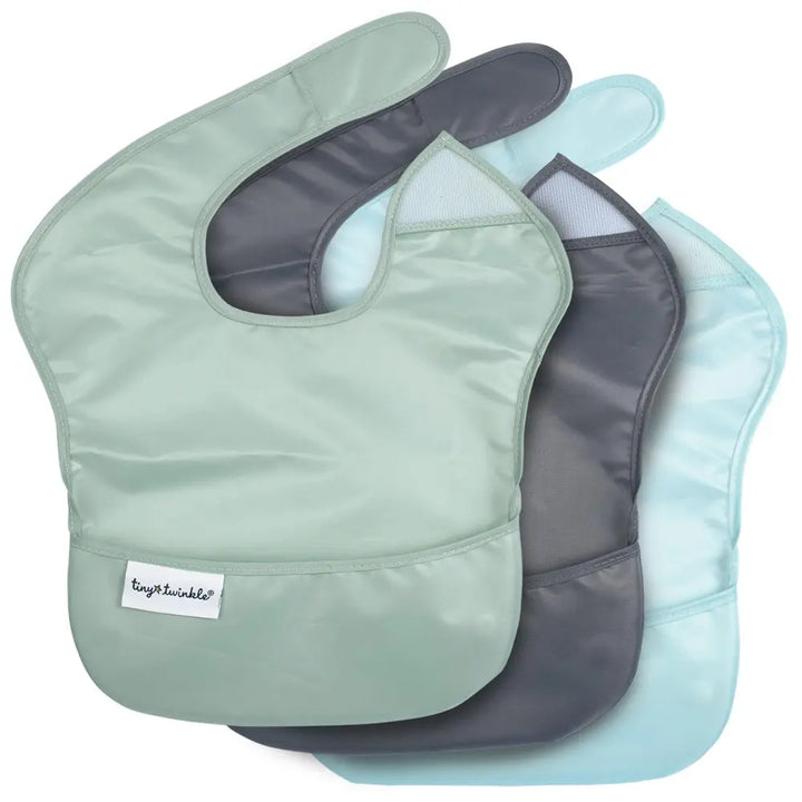 Tiny Twinkle Mess-Proof Easy Bib Pack of 3 - Recycled Sage, Charcoal &amp; Sky Blue - (6-36 Months)