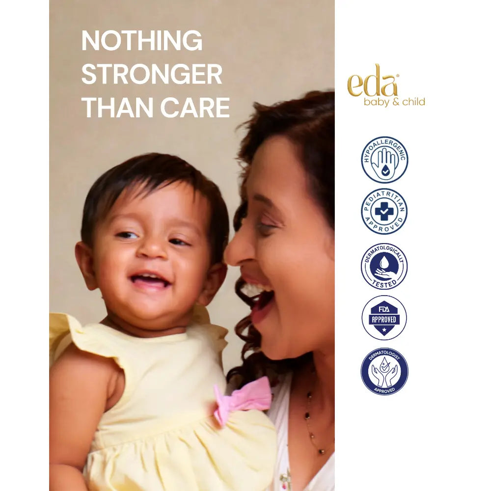 Eda Baby &amp; Child Travel Kit with Pouch | 4-in-1 Dermat Crafted Baby Skincare Set 0-10 Yrs | Bath Oil + Head to Toe Wash + Face &amp; Body Lotion + Nighttime Balm | Centella, Chamomile, Calendula | Safe from Day 1