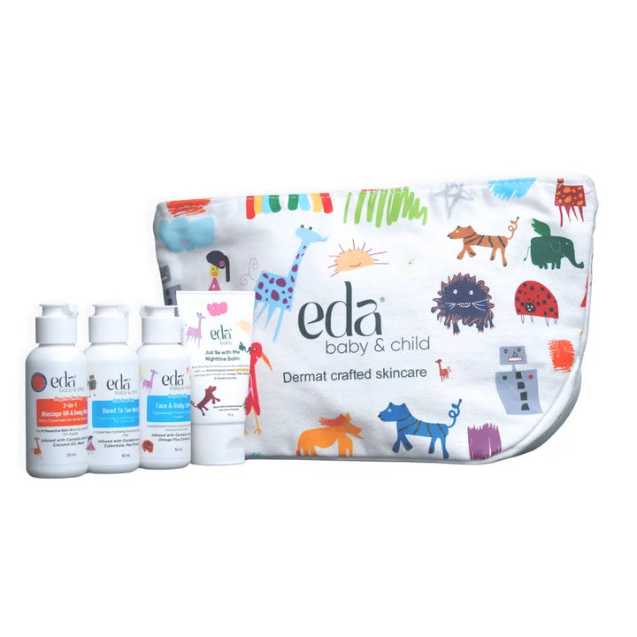 Eda Baby &amp; Child Travel Kit with Pouch | 4-in-1 Dermat Crafted Baby Skincare Set 0-10 Yrs | Bath Oil + Head to Toe Wash + Face &amp; Body Lotion + Nighttime Balm | Centella, Chamomile, Calendula | Safe from Day 1