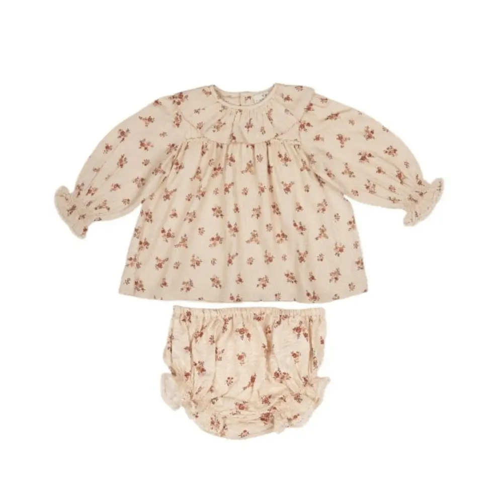 Early Sunday Libby Baby Dress &amp; Bloomer Set - Ditsy Bouquet Cream Print