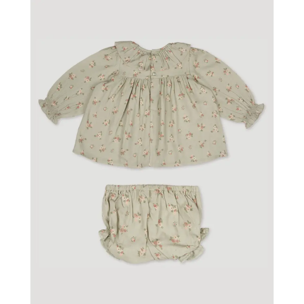 Early Sunday Libby Baby Dress &amp; Bloomer Set - Ditsy Bouquet Jade Print