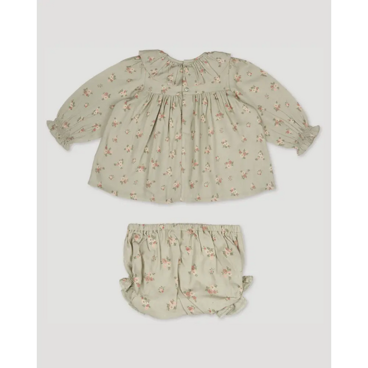 Early Sunday Libby Baby Dress &amp; Bloomer Set - Ditsy Bouquet Jade Print