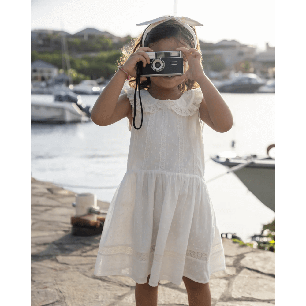 Early Sunday Girls Cotton Dobby Swiss Dots Dress - Ivory