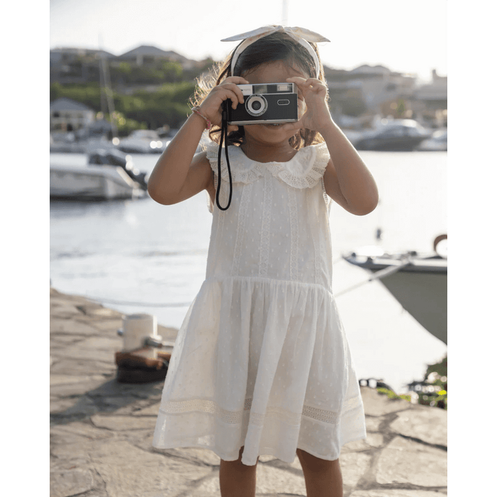 Early Sunday Girls Cotton Dobby Swiss Dots Dress - Ivory