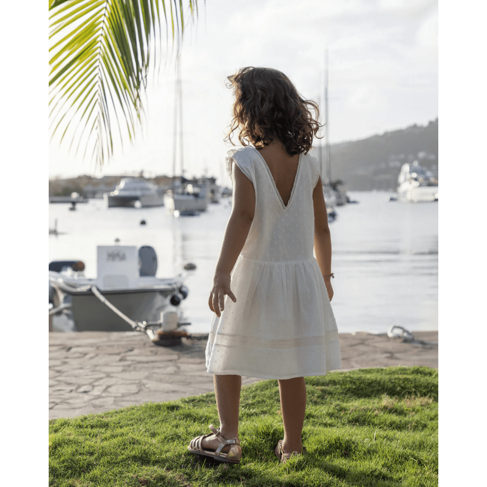 Early Sunday Girls Cotton Dobby Swiss Dots Dress - Ivory