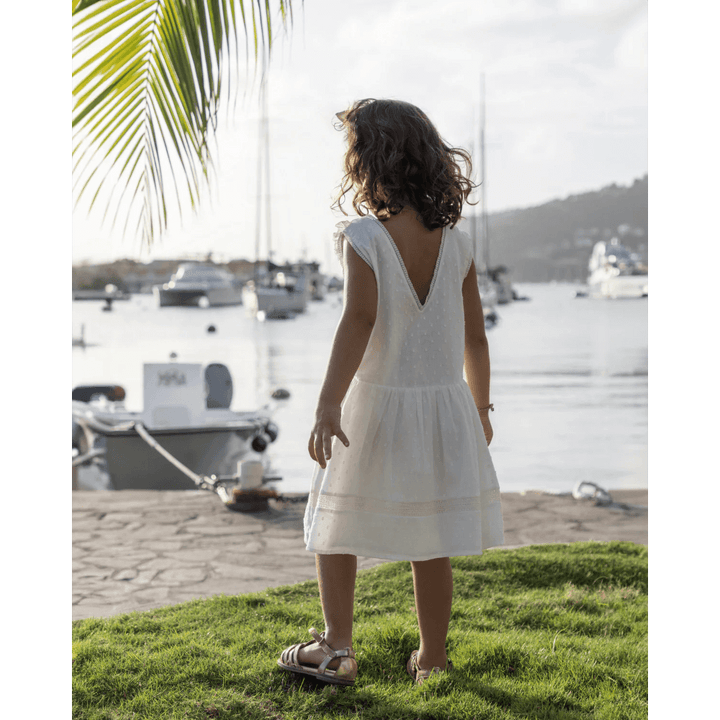 Early Sunday Girls Cotton Dobby Swiss Dots Dress - Ivory