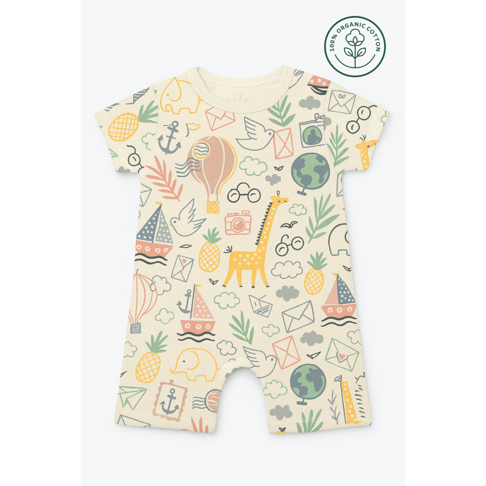 Furr Balls Globe Trotter Organic Cotton Bodysuits - Off-White &amp; Dusty Blue (Pack of 2)