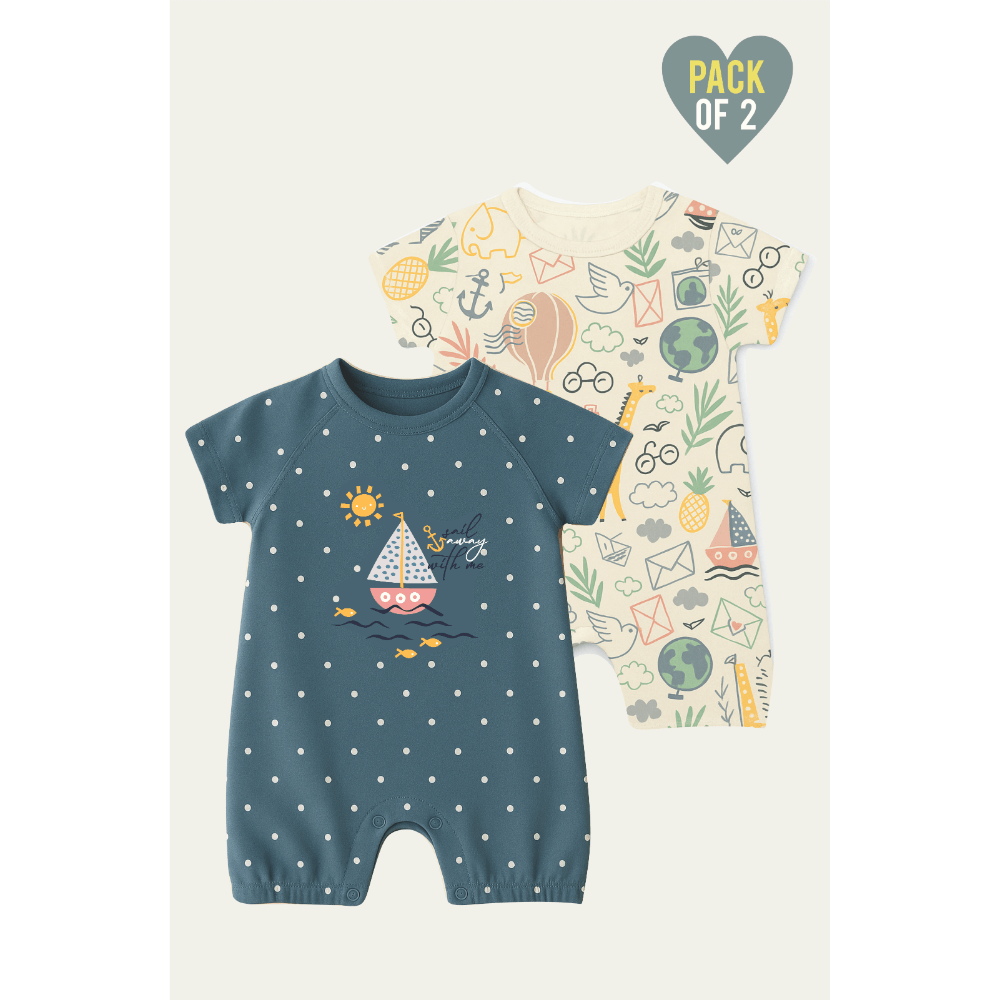 Furr Balls Globe Trotter Organic Cotton Bodysuits - Off-White &amp; Dusty Blue (Pack of 2)