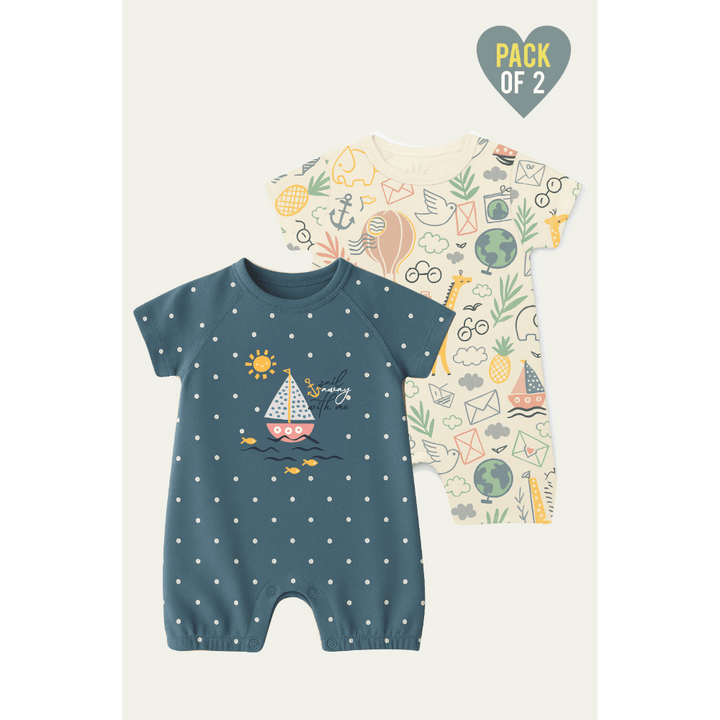 Furr Balls Globe Trotter Organic Cotton Bodysuits - Off-White &amp; Dusty Blue (Pack of 2)