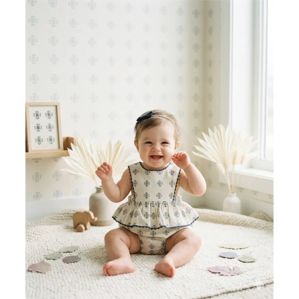 Furr Balls Ethnic Buta Weave Infant Bubble Romper - Off White