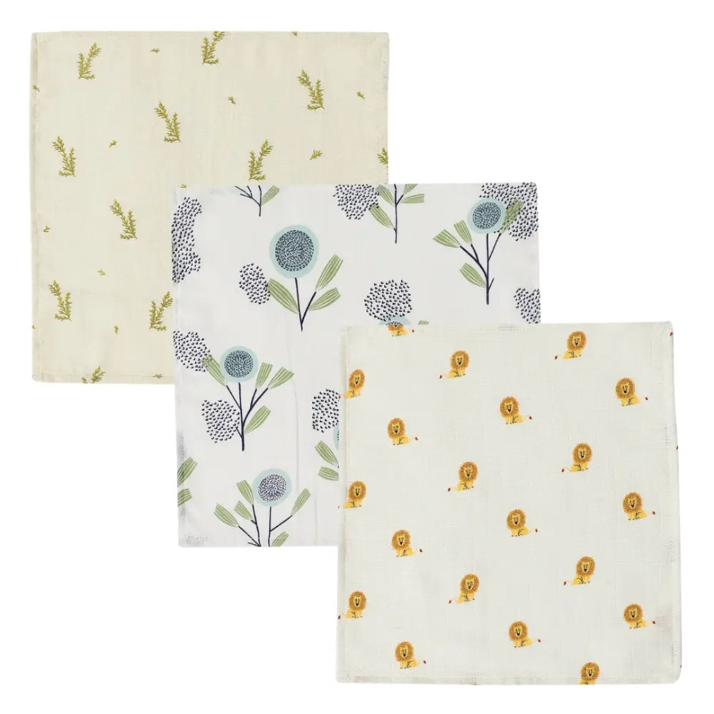 Dulaar Organic Muslin Face Napkin (Set of 3) (0 - 12months) - Green Zen + The Sparrow and Flower + Just Lion Around