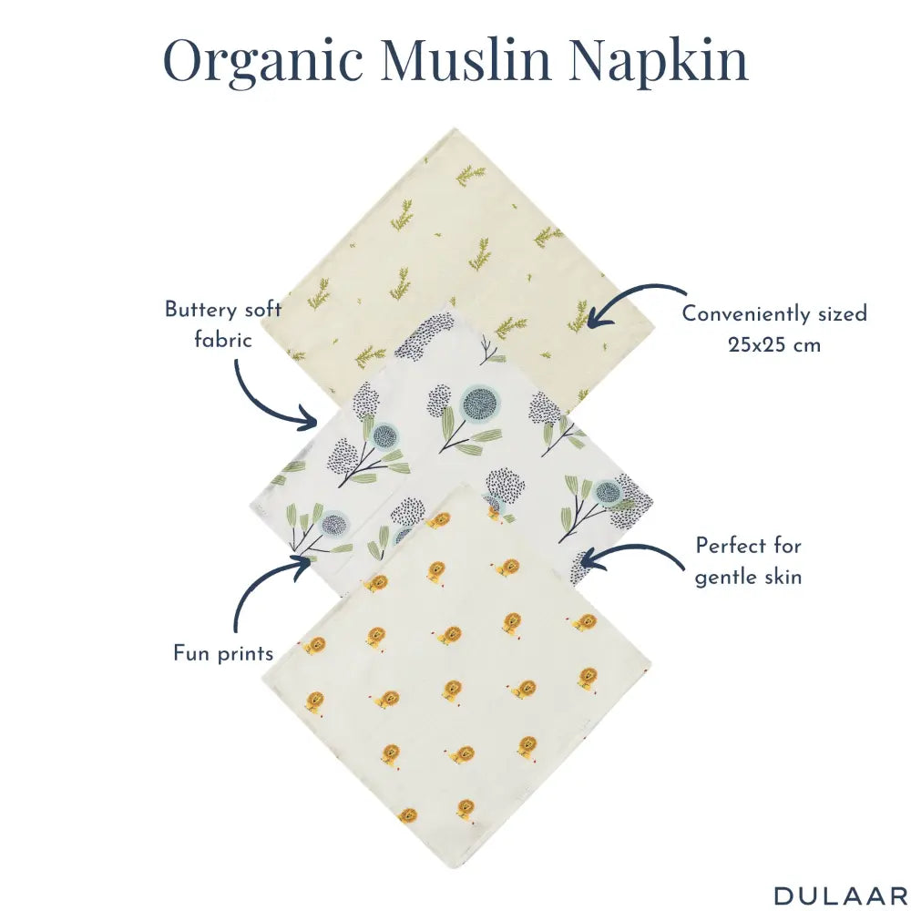 Dulaar Organic Muslin Face Napkin (Set of 3) (0 - 12months) - Green Zen + The Sparrow and Flower + Just Lion Around