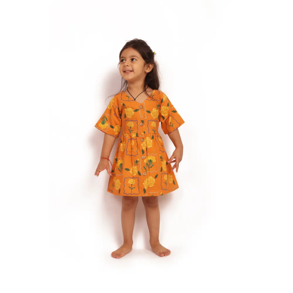 Bhaakur Organic Cotton Frock| Infants and Toddlers| Marigold Orange