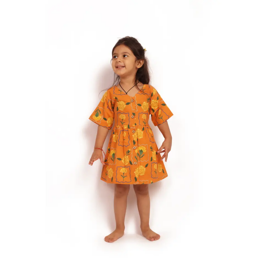 Bhaakur Organic Cotton Frock| Infants and Toddlers| Marigold Orange