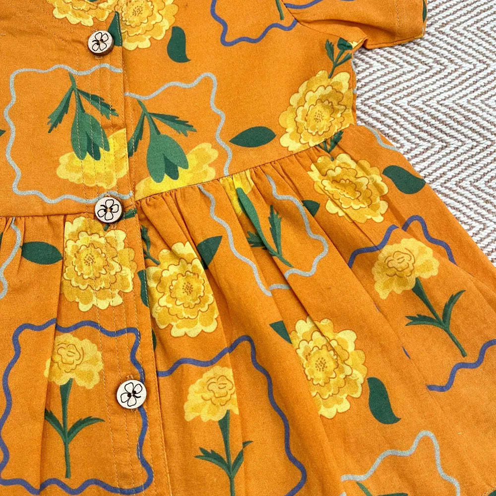 Bhaakur Organic Cotton Frock| Infants and Toddlers| Marigold Orange