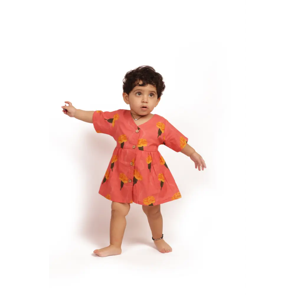 Bhaakur Organic Cotton Frock| Infants and Toddlers| Marigold Pink