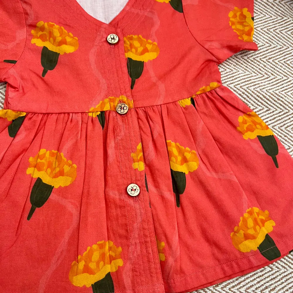 Bhaakur Organic Cotton Frock| Infants and Toddlers| Marigold Pink