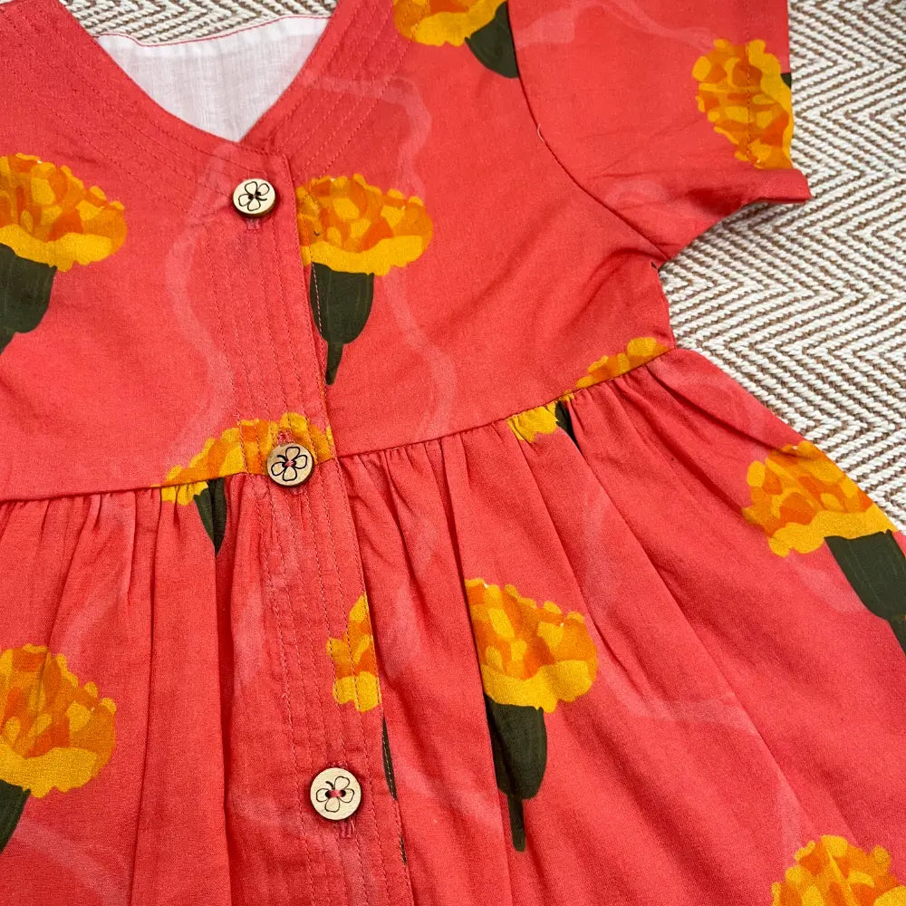 Bhaakur Organic Cotton Frock| Infants and Toddlers| Marigold Pink