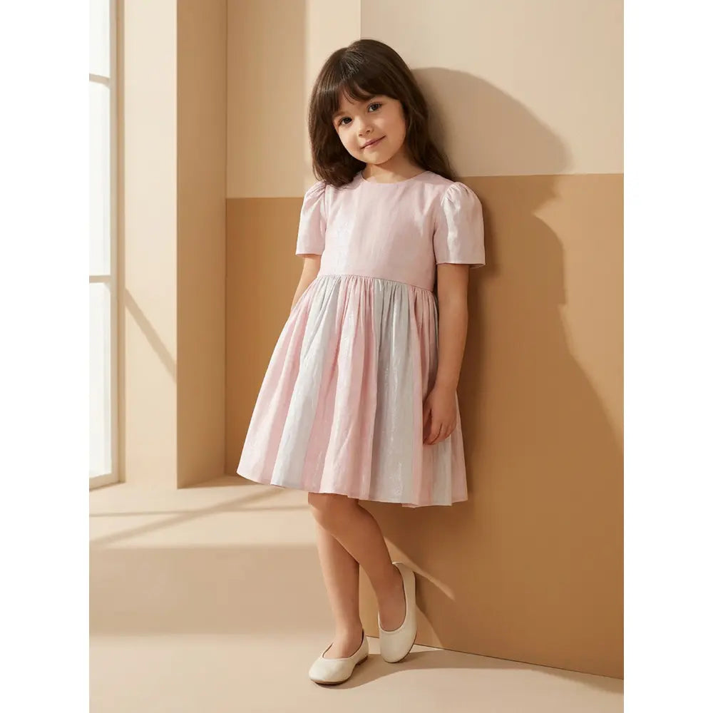 The Baby Trunk Metallic Panel Dress For Girls - Pink &amp; Grey