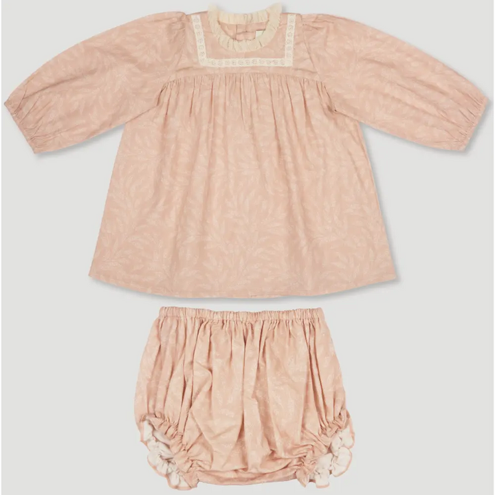 Early Sunday Billie Baby Dress &amp; Bloomer Set - Feather Print
