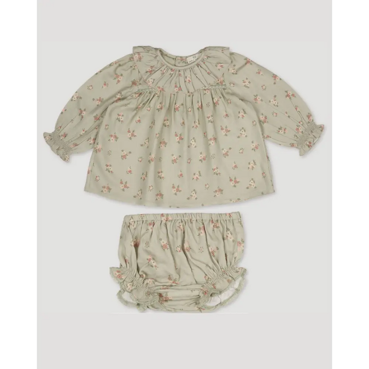 Early Sunday Libby Baby Dress &amp; Bloomer Set - Ditsy Bouquet Jade Print