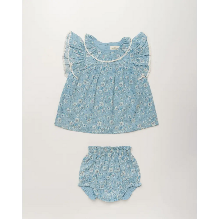 Early Sunday Vicky Baby Dress &amp; Bloomer Set - Tonal Floral Blue Print