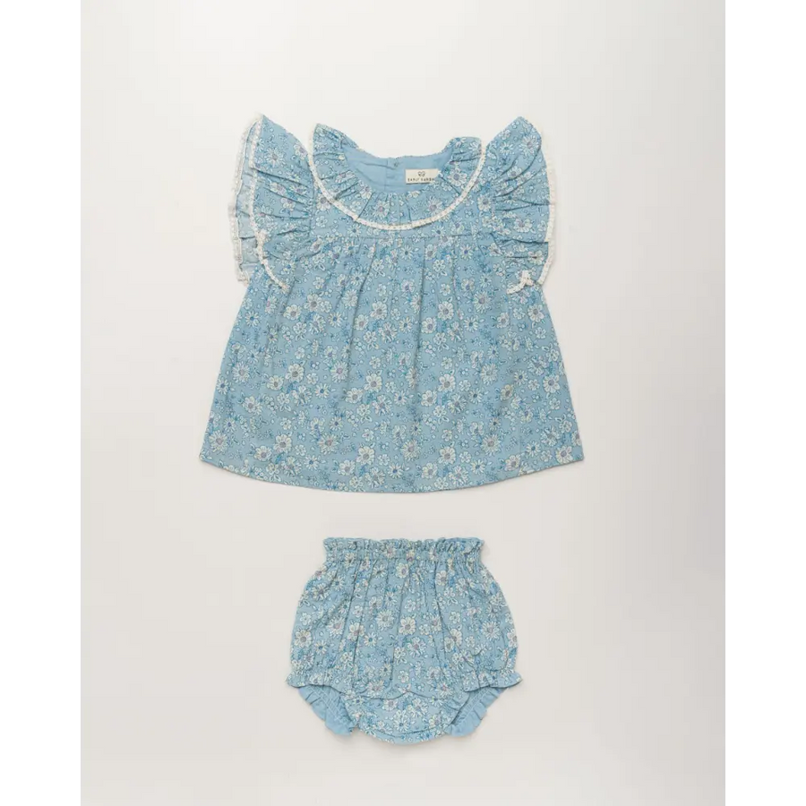 Early Sunday Vicky Baby Dress & Bloomer Set - Tonal Floral Blue Print