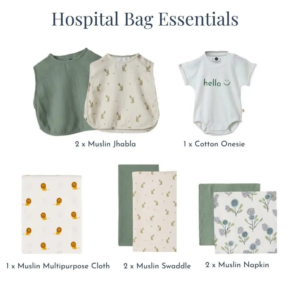 Dulaar Hospital Bag Essentials - Classic (Green Zen + The Sparrow and Flower + Just Lion Around + Matcha Sage)