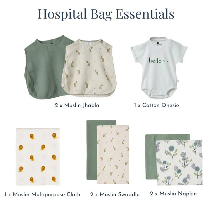 Dulaar Hospital Bag Essentials - Classic (Green Zen + The Sparrow and Flower + Just Lion Around + Matcha Sage)