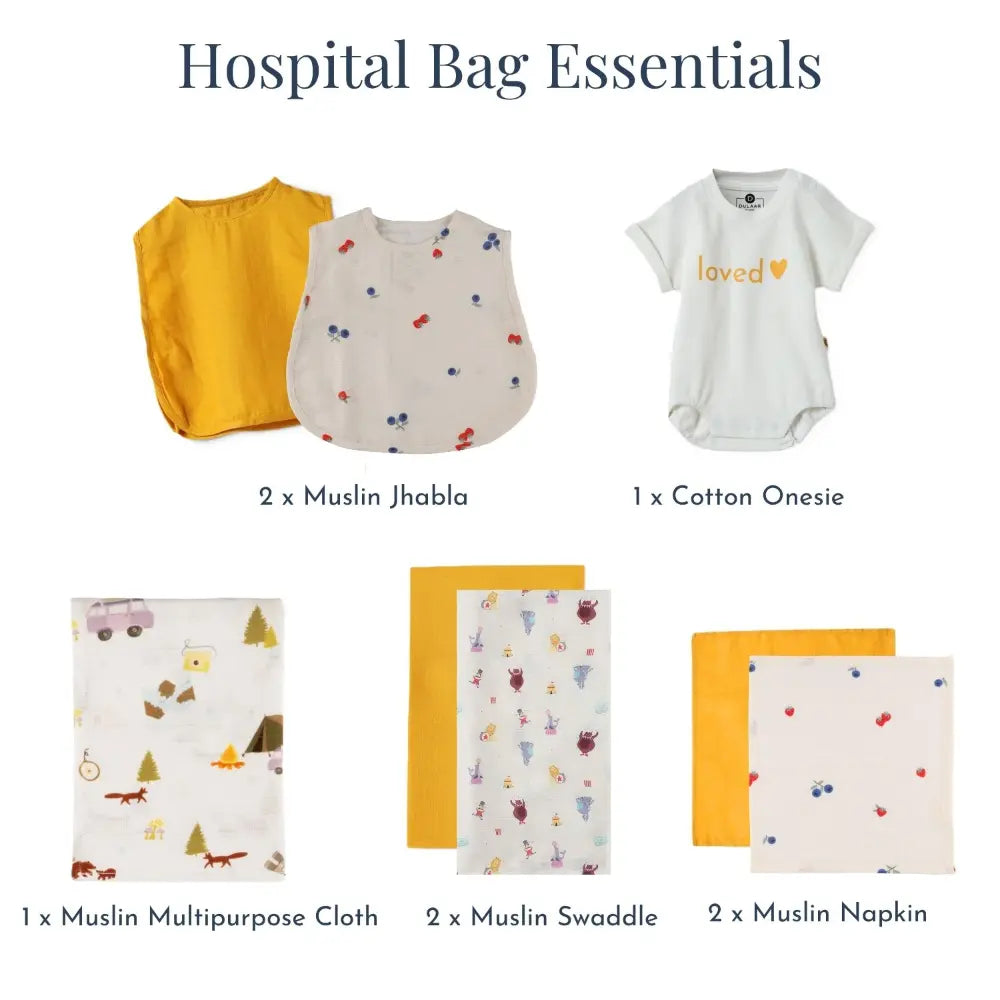 Dulaar Hospital Bag Essentials - Classic (The Happy Camper + Life is a Circus + Berry Picking + Sunny Mustard)