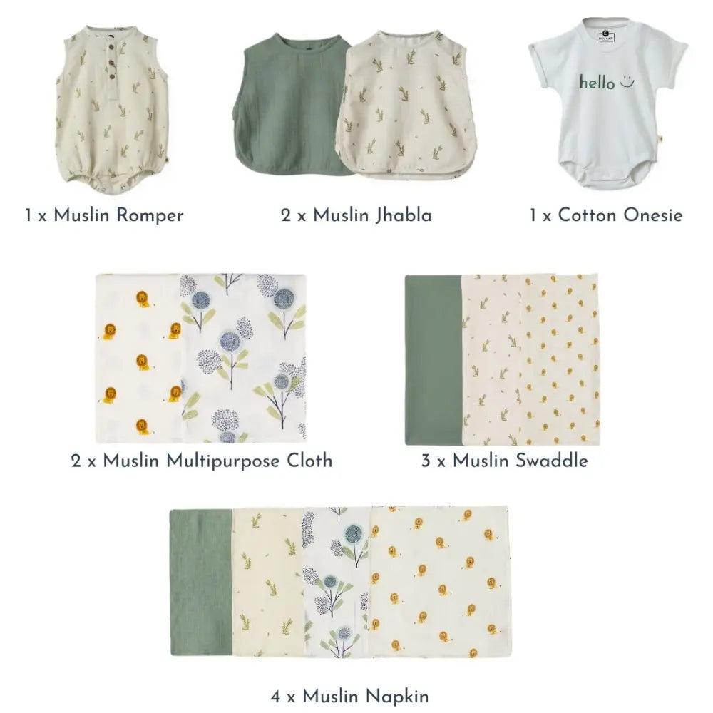 Dulaar Hospital Bag Essentials - Premium (Green Zen + The Sparrow and Flower + Just Lion Around + Matcha Sage)