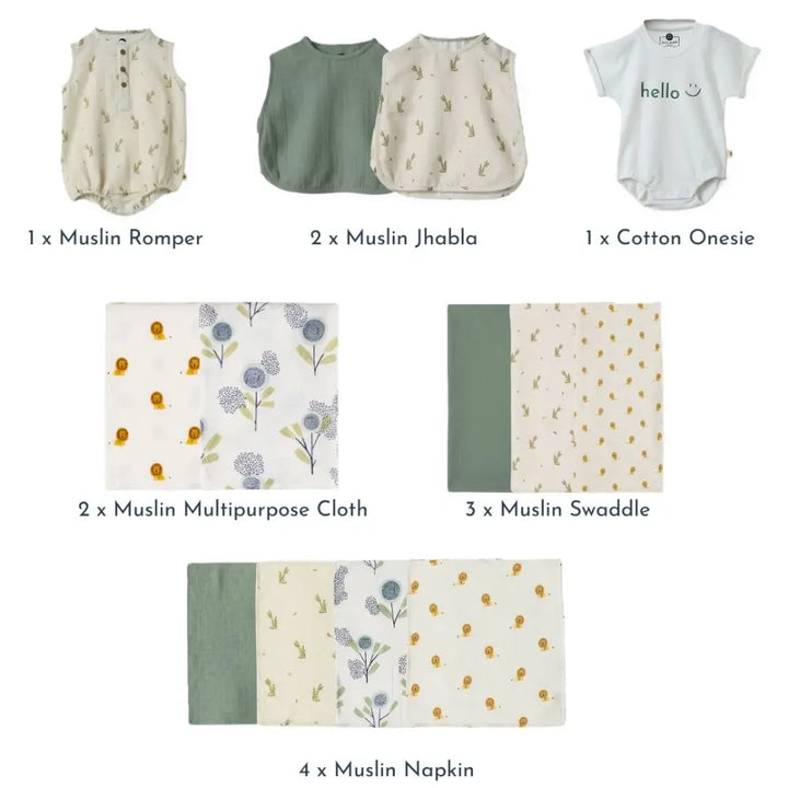 Dulaar Hospital Bag Essentials - Premium (Green Zen + The Sparrow and Flower + Just Lion Around + Matcha Sage)