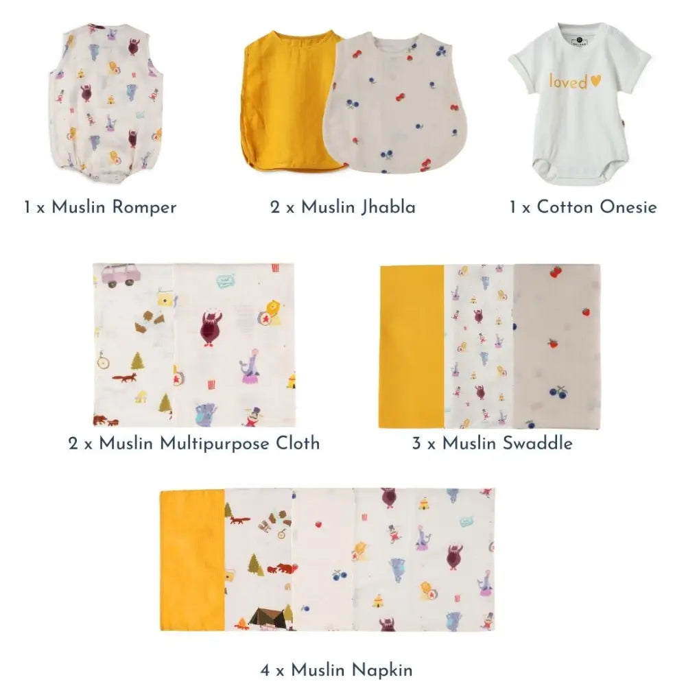 Dulaar Hospital Bag Essentials - Premium (The Happy Camper + Life is a Circus + Berry Picking + Sunny Mustard)