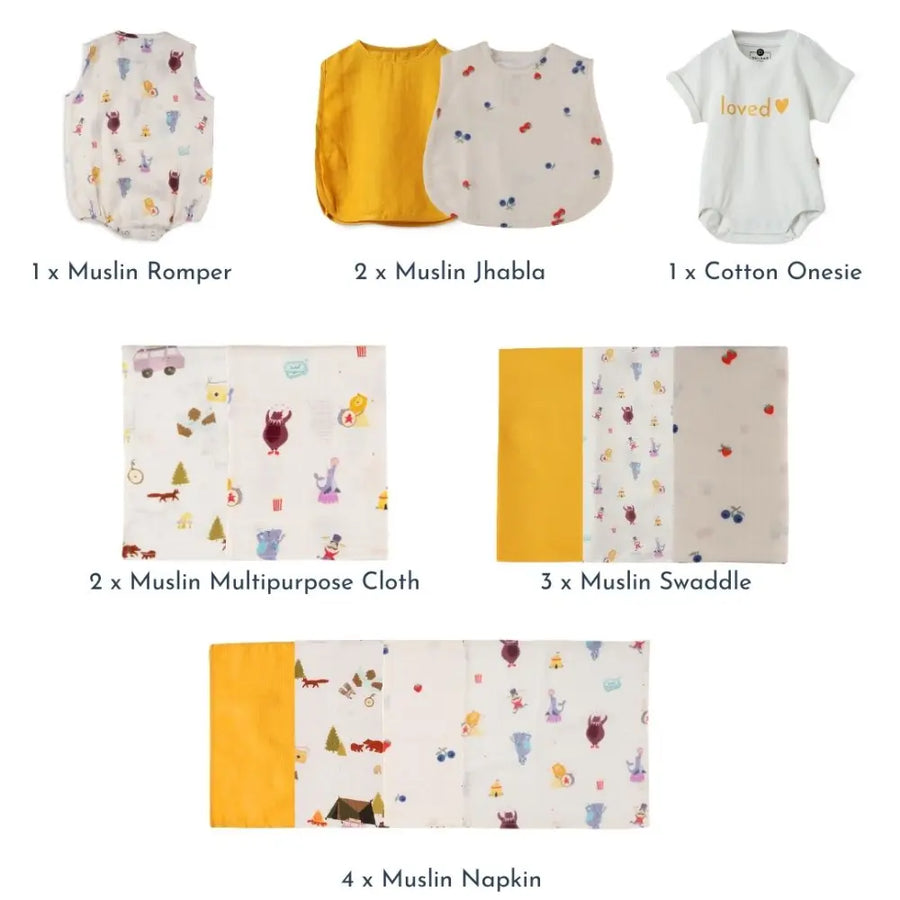 Dulaar Hospital Bag Essentials - Premium (The Happy Camper + Life is a Circus + Berry Picking + Sunny Mustard)