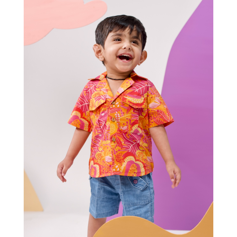 Miko Lolo Boys Tango Tropics Printed Hawaiian Collar Shirt - Orange