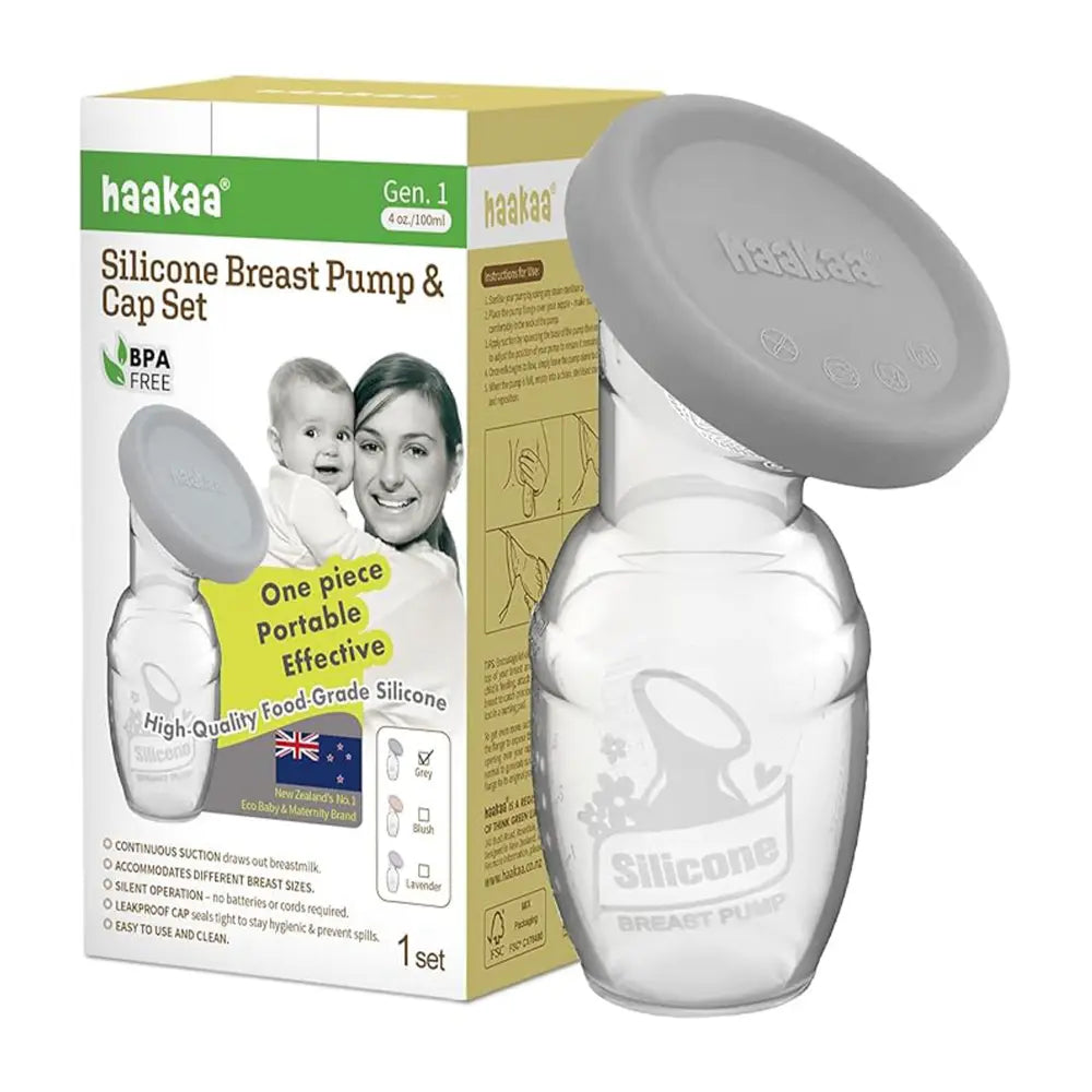 Haakaa Gen. 1 Silicone Breast Pump &amp; Cap Set – Gentle One-Piece Breast Pump – Grey
