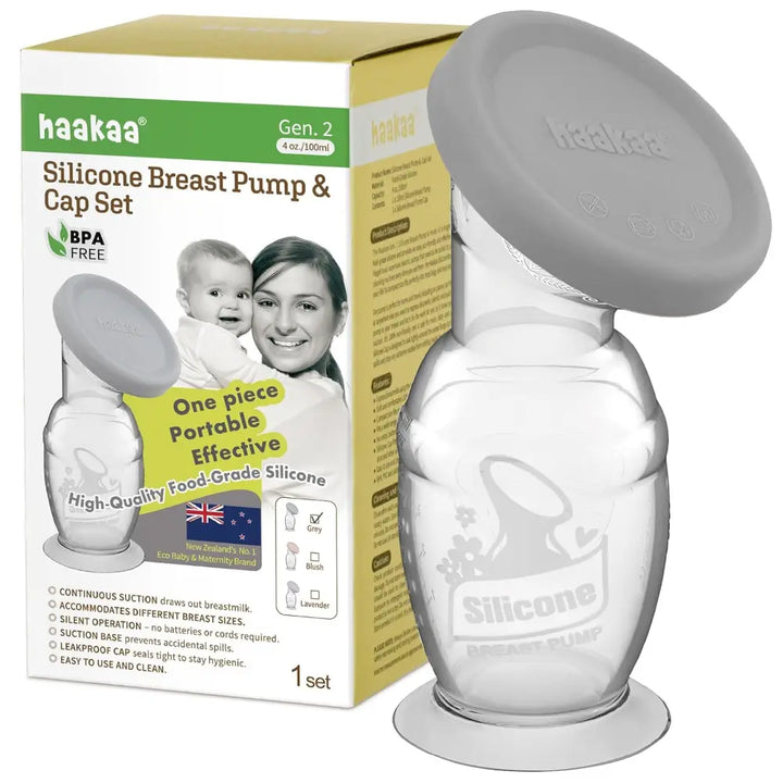 Haakaa Gen. 2 Silicone Breast Pump &amp; Cap Set – Improved Suction &amp; Comfort – 100ml – Grey