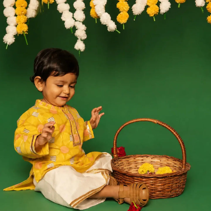 Dulaar Chanderi Kurti Pants Set | Hand Blocked (Gota Work) - Subah ki Dhoop