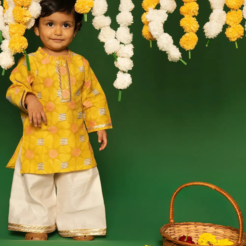 Dulaar Chanderi Kurti Pants Set | Hand Blocked (Gota Work) - Subah ki Dhoop