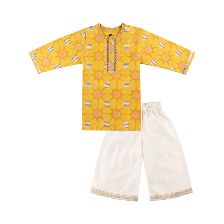 Dulaar Chanderi Kurti Pants Set | Hand Blocked (Gota Work) - Subah ki Dhoop