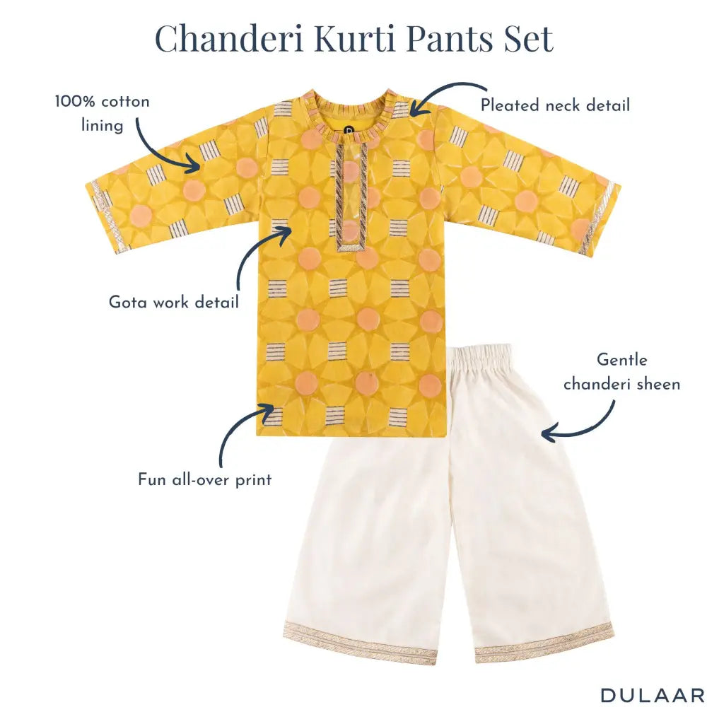 Dulaar Chanderi Kurti Pants Set | Hand Blocked (Gota Work) - Subah ki Dhoop